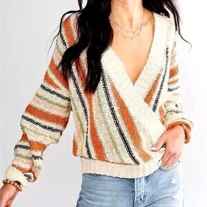 Billabong Bring It Together Surplice Sweater Colorful Striped Large Fall Colors